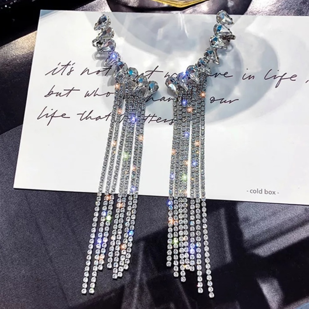 LONG TASSEL STERLING SILVER DIAMOND DROP EARRINGS - Picture 1 of 6